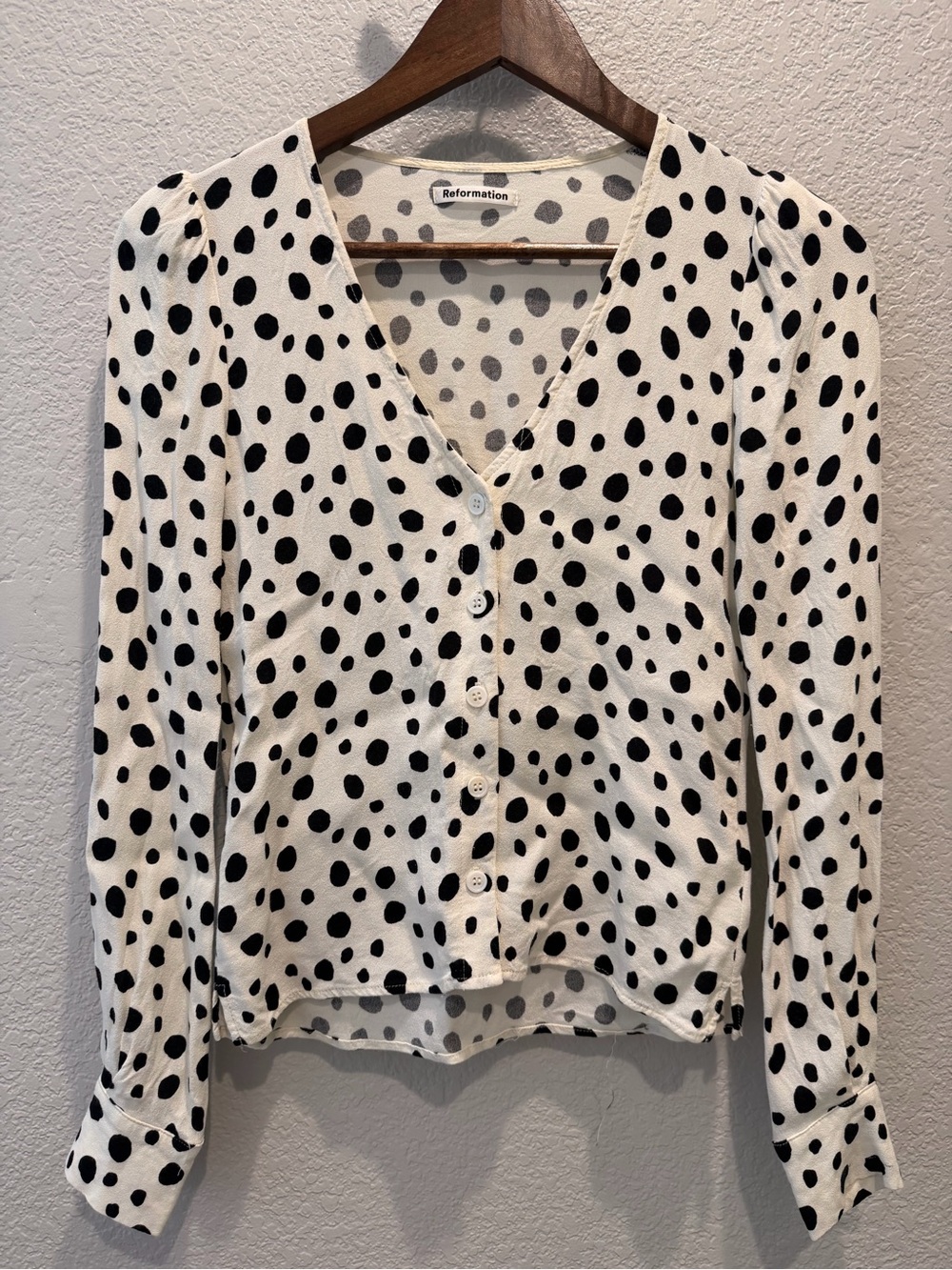 Vintage (2016) Reformation Cream and Black Polka Dot Button-Front Blouse